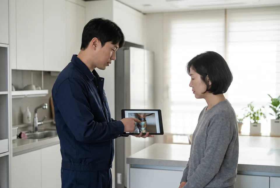 기술자가 고객에게 점검 결과를 태블릿으로 설명하는 모습